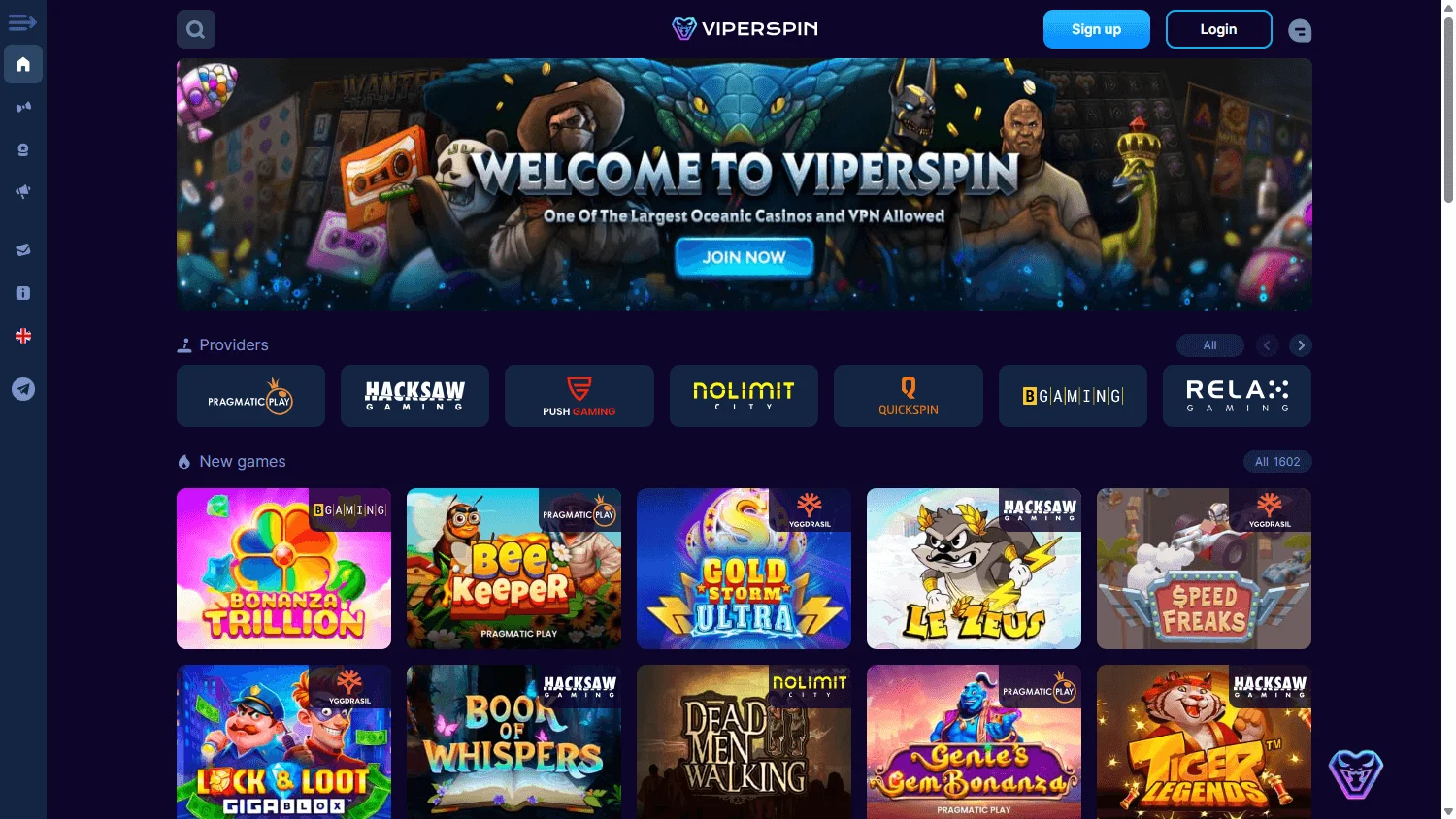 Viperspin Casino welcome promotion on desktop