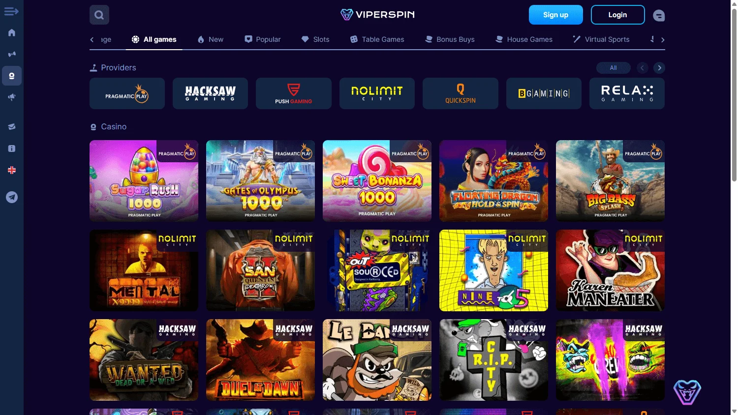 Viperspin Casino promotions area on desktop